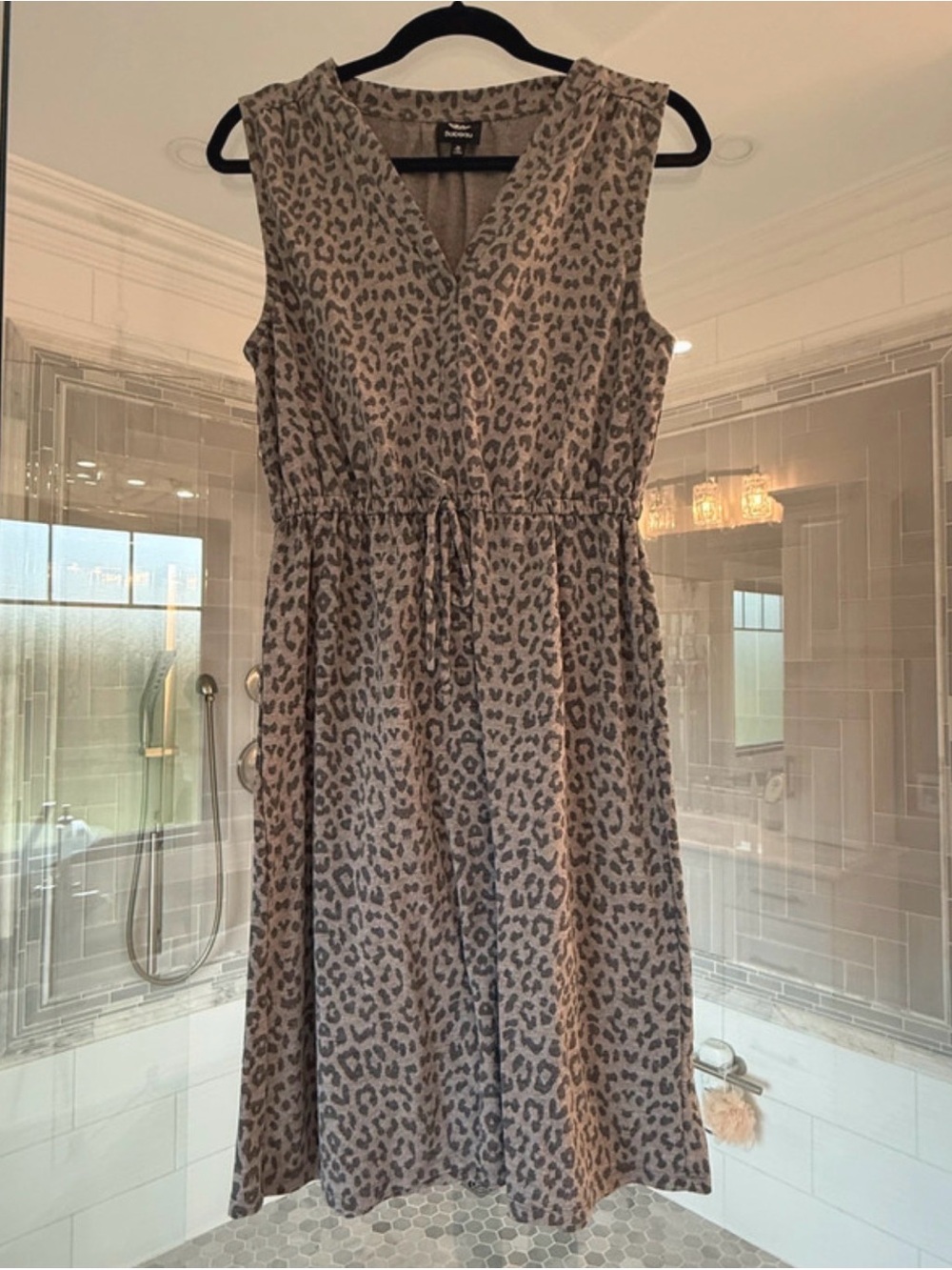 bobeau Taupe and Dark Brown Leopard Print Sleeveless Midi Dress